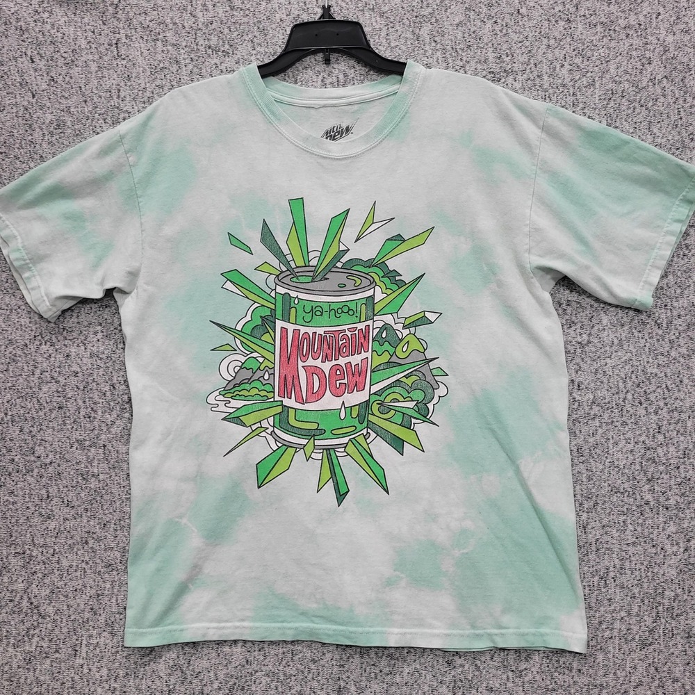 Mountain Dew Mens Tie Dye Graphic T-Shirt Green Ya-Hoo Soda Can Short Sleeve L
